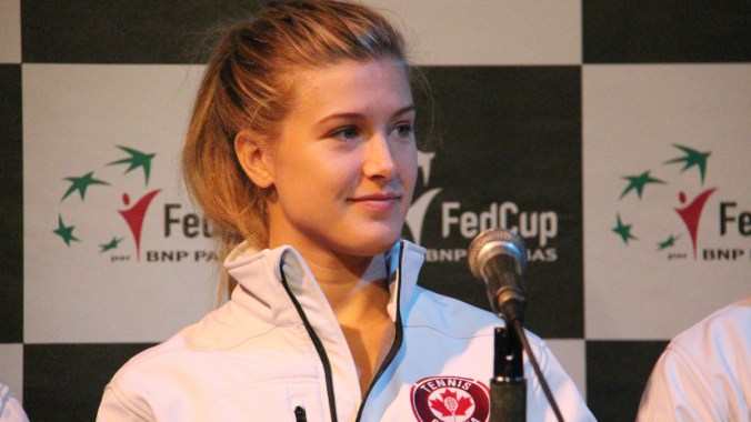 Eugenie Bouchard lors du tirage au sort en vue de la Coupe Fed contre la Roumanie. 17 avril 2015 2015.