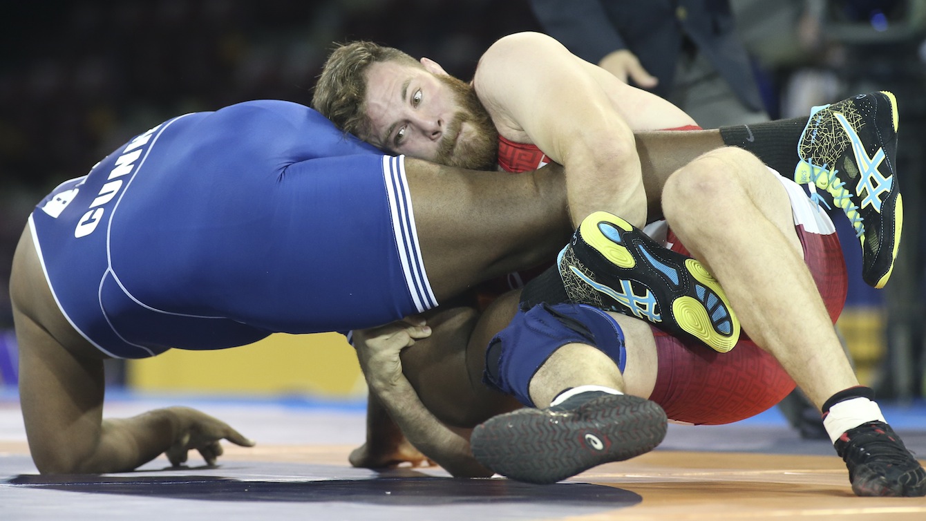Korey Jarvis lutte chez les 125 kg aux Jeux panaméricains de Toronto, le 17 juillet 2015. (Photo par Mike Ridewood)