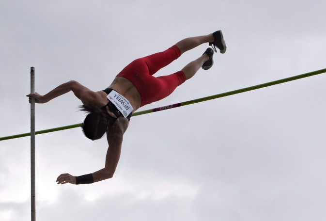 Anicka Newell makes her vault during the senior women's pole vault finals at the Canadian Track and Field Championships and Selection Trials for the 2016 Summer Olympic and Paralympic Games, in Edmonton, Alta., on Sunday July 10, 2016.THE CANADIAN PRESS/Jason Franson