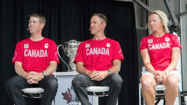 David Hearn, Graham DeLaet et Alena Sharp lors de l'annonce de l'équipe canadienne de golf,le 19 Juillet 2016. (Tania Barkowski / COC)