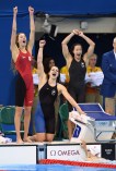 Le quatuor formé de Katerine Savard, Taylor Ruck, Brittany MacLean et Penny Oleksiak obtient le bronze au relais féminin 4x200 m aux Jeux olympiques de Rio, le 10 août 2016. (COC / Steve Boudreau)