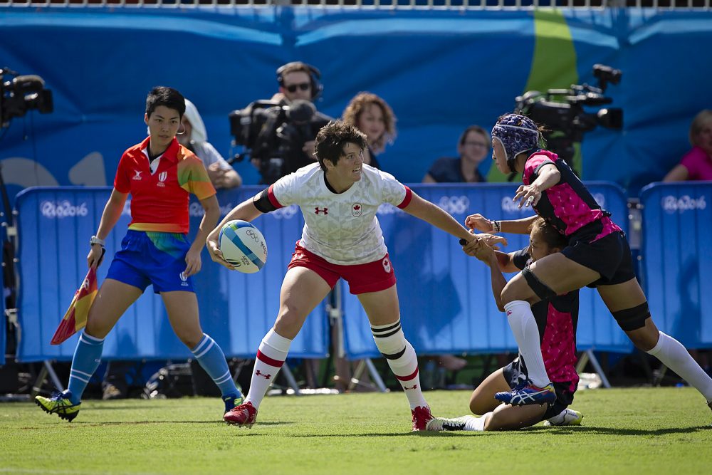 L'équipe féminine de Rugby gagne contre le Japon lors de son premier match olympique le 6 août 2016 à Rio de Janeiro. (Photo: Paige Stewart pour Rugby Canada)