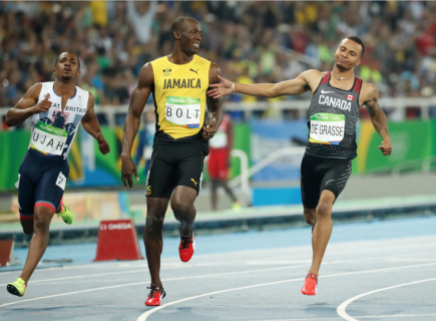 Usain Bolt et Andre De Grasse lors de la demi-finale du 100 m aux Jeux olympiques, le 14 août 2016