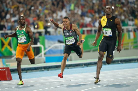 Capture d’écran 2016-08-16 à 10.47.09 Andre De Grasse a pris le 3e rang du 100 m aux Jeux olympiques de Rio, le 14 août 2016.