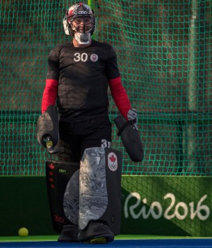 Le gardien David Carter en action lors d’un match amical contre la Nouvelle-Zélande aux Jeux olympiques de 2016, à Rio. COC Photo by Jason Ransom
