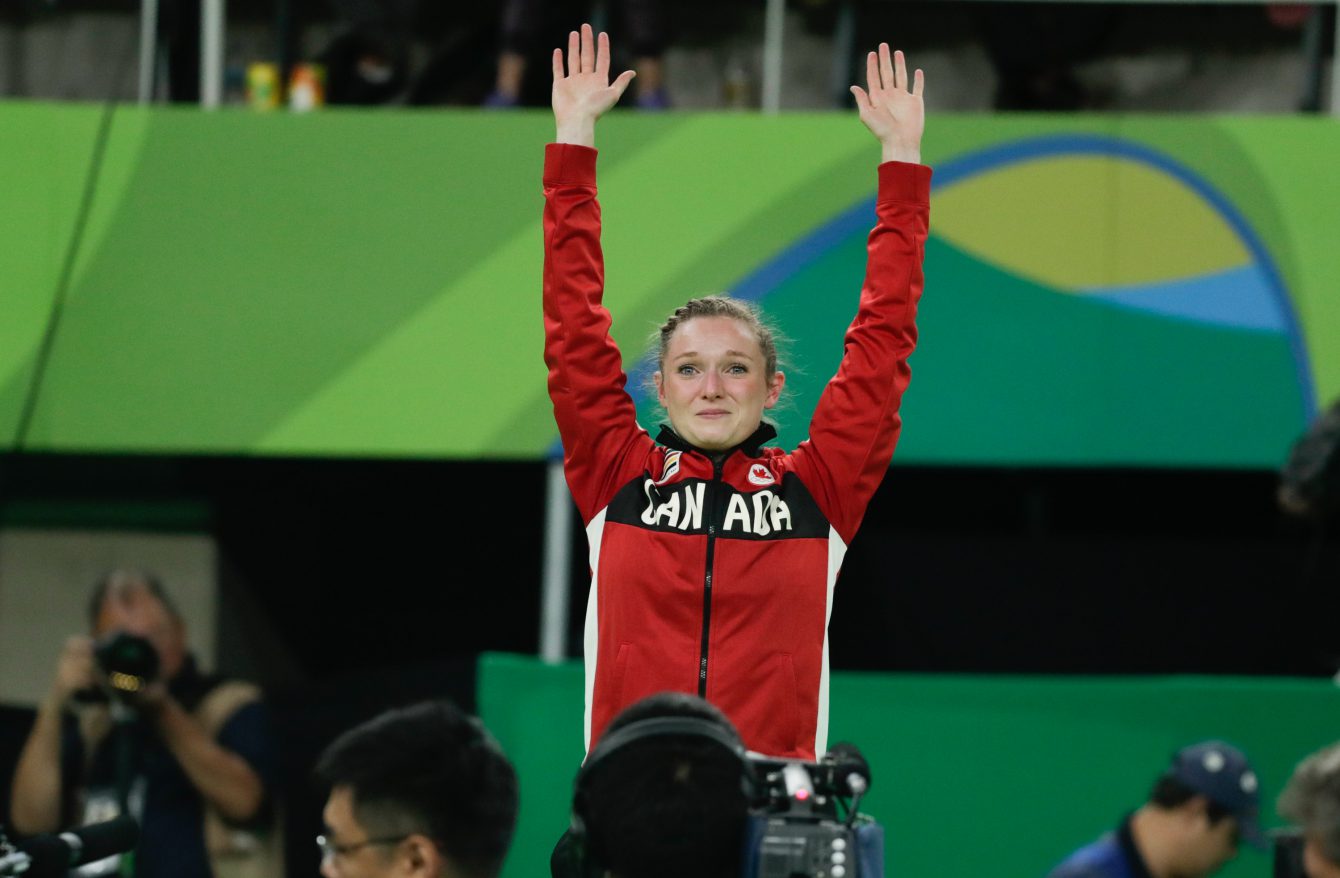 Rosie Maclennan après sa performance en finale à la trampoline aux Jeux de Rio. 12 août 2016. Photo Jason Ransom