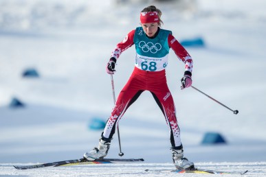 Anne-Marie Comeau en ski de fond aux Jeux olympiques de PyeongChang, le 15 février 2018. Photo/David Jackson