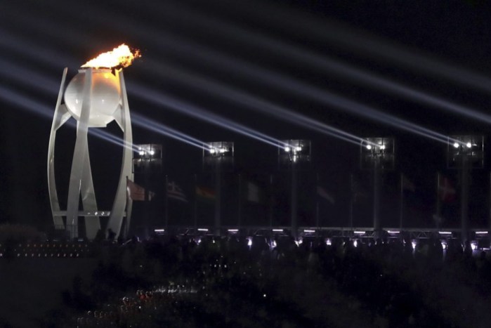 Pyeongchang Olympics Opening Ceremony Emblème de l'événement, la flamme olympique brûlera tout au long des Jeux. (Sean Haffey/Pool Photo via AP)