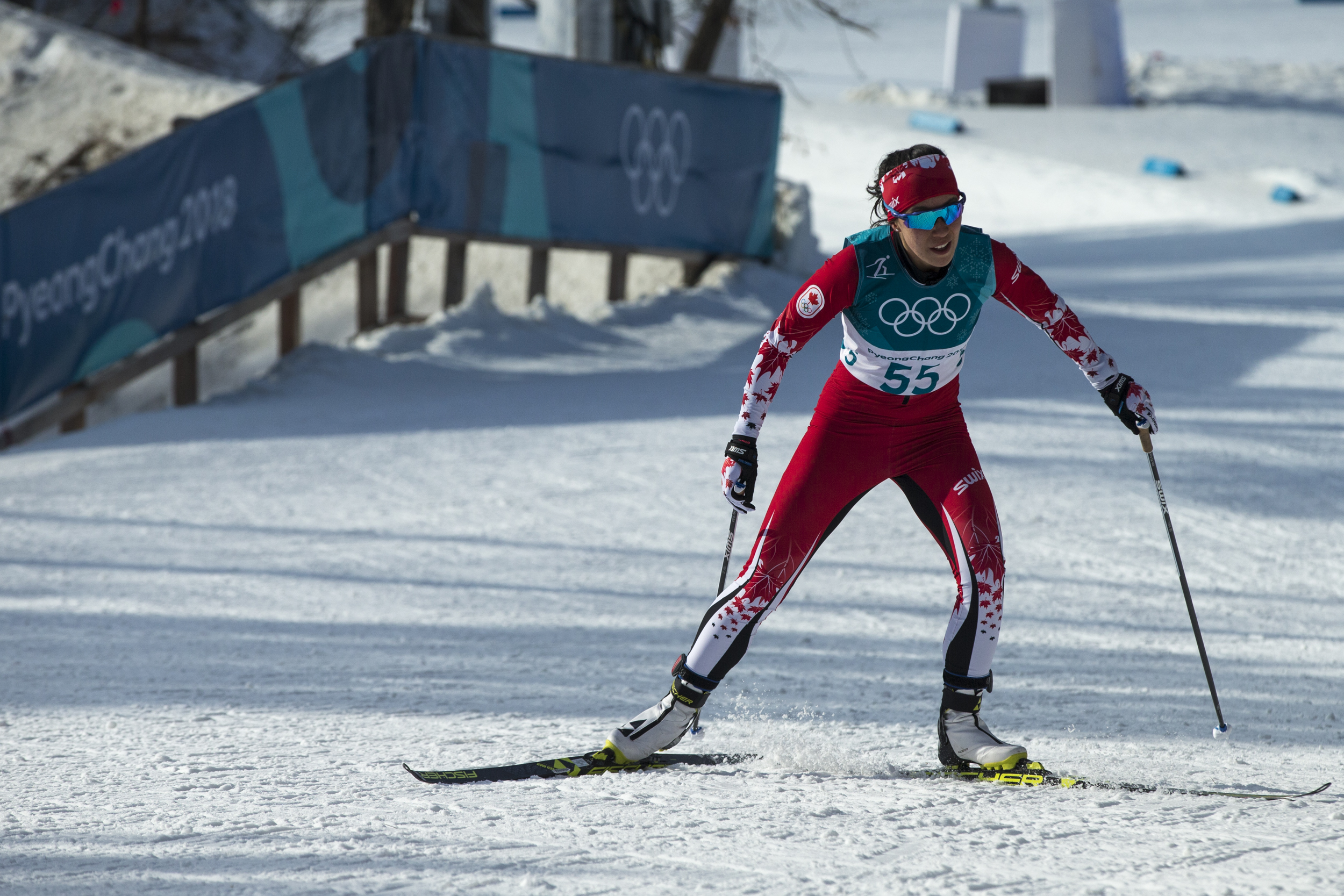 Emily Nishikawa lors de l'épreuve du 10 km en ski de fond, aux Jeux olympiques de PyeongChang, le 15 février 2018. Photo/David Jackson