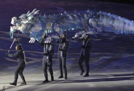 Pyeongchang Olympics Opening Ceremony Le Dragon Bleu. (AP Photo/Michael Sohn)