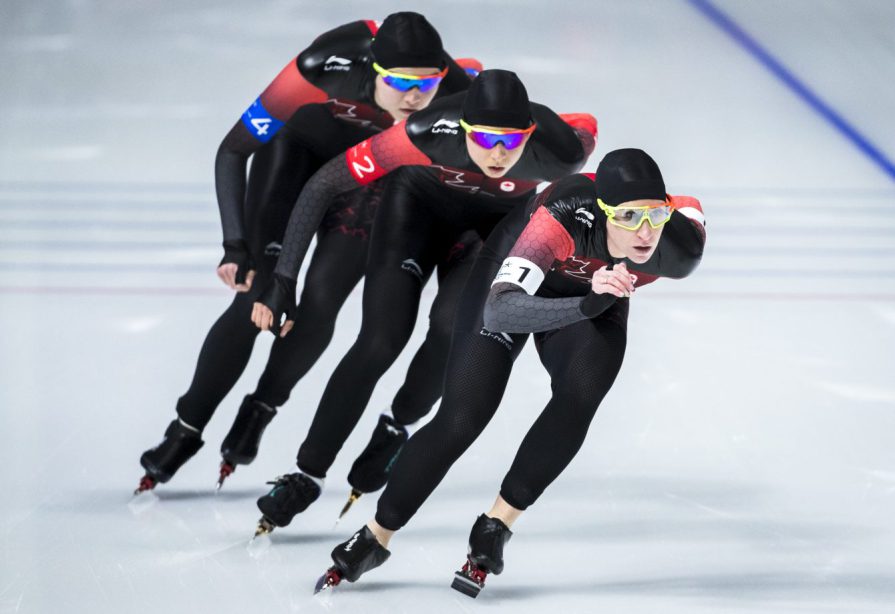 equipe canada-patinage de vitesse sur longue piste-ivanie blondin-keri morrison-isabelle weidemann-pyeongchang 2018 Ivanie Blondin, Keri Morrison et Isabelle Weidemann. Photo COC/David Jackson