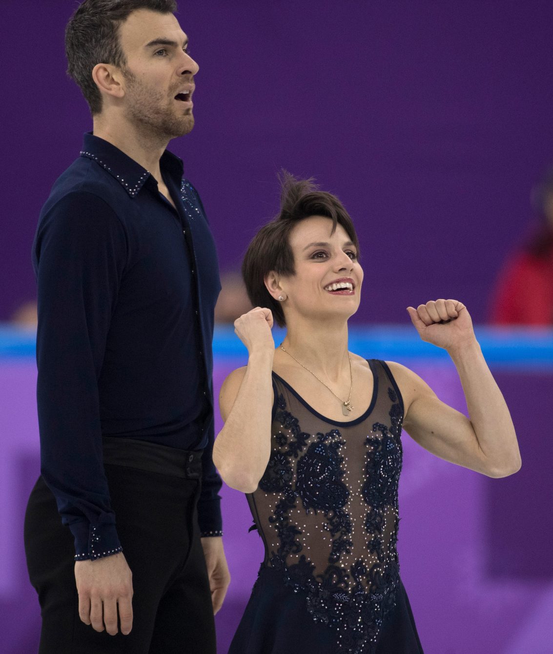 Meagan Duhamel et Eric Radford lors du programme court chez les couples aux Jeux olympiques de PyeongChang 2018 (AP Photo/David J. Phillip)