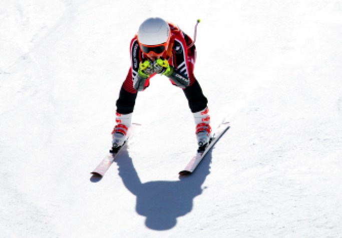 Valerie Grenier en pleine descente lors du Super-G, en ski alpin. (Photo par Vaughn Ridley/COC)