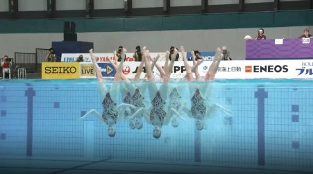 L'équipe canadienne de natation artistique lors de leur programme libre en équipe à la Série mondiale de Tokyo, au Japon, le 28 avril 2019. (Photo Natation artistique Canada/Facebook)