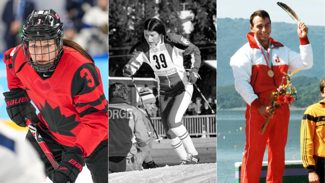 Montage de photos de la joueuse de hockey Jocelyne Larocque, de la fondeuse Sharon Firth et du canoïste Alwyn Morris tenant une plume sur le podium olympique.