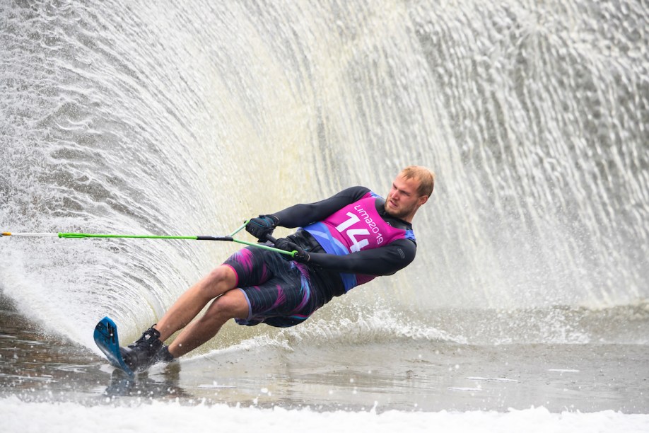 waterskiing Stephen Neveu à l'épreuve du ski nautique slalom aux Jeux panaméricains de Lima, au Pérou, le 29 juillet 2019. Photo : Gabriel Heusi / Lima 2019