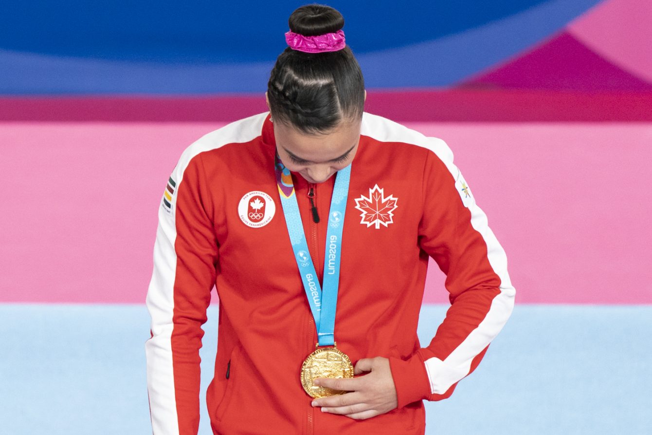 Brooklyn Moors reçoit l'or à l'épreuve du sol aux Jeux panaméricains de Lima, au Pérou, le 31 juillet 2019. Photo : David Jackson/COC