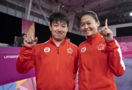 DGH_20190805_119 (1) Eugene Wang et Mo Zhang ont remporté l'or au double mixte en tennis de table aux Jeux panaméricains de Lima, au Pérou, le 5 août 2019. Photo : Dave Holland/COC