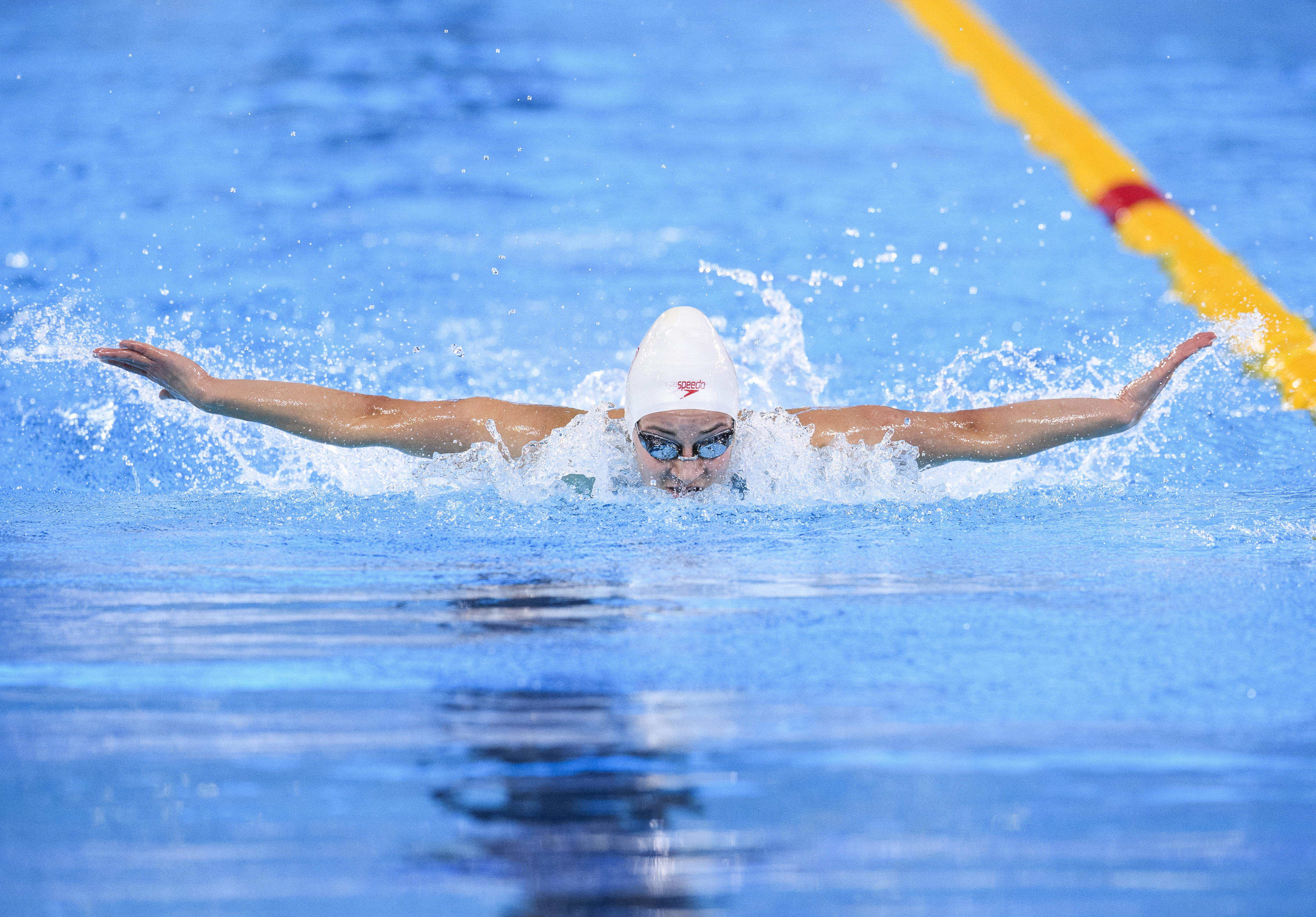 Danielle Hanus participe à la finale du 100 m papillon aux Jeux panaméricains de Lima, au Pérou, le 7 aoput 2019. Photo : Vincent Ethier/COC