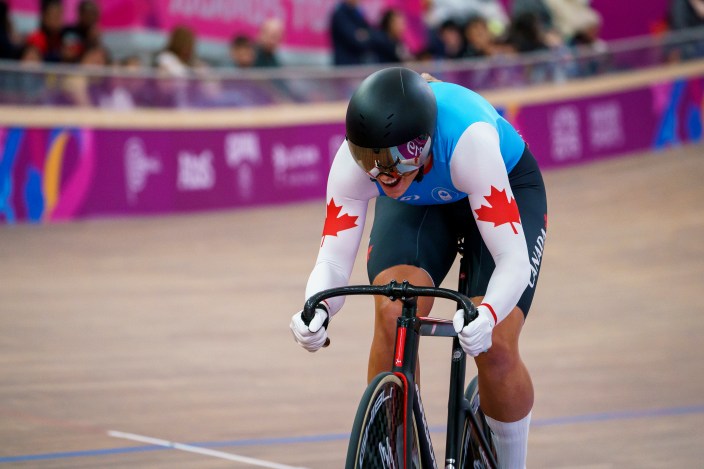 Kelsey Mitchell pendant le sprint féminin à Lima 2019