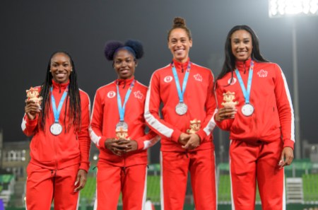 VEP_20190809_89 LIMA, Peru - Khamica Bingham, Crystal Emmanuel, Ashlan Best et Leya Buchanan ont remporté l'argent au relais 4 x 100 m aux Jeux panaméricains de Lima, au Pérou, le 10 août 2019. Photo : Christopher Morris/COC