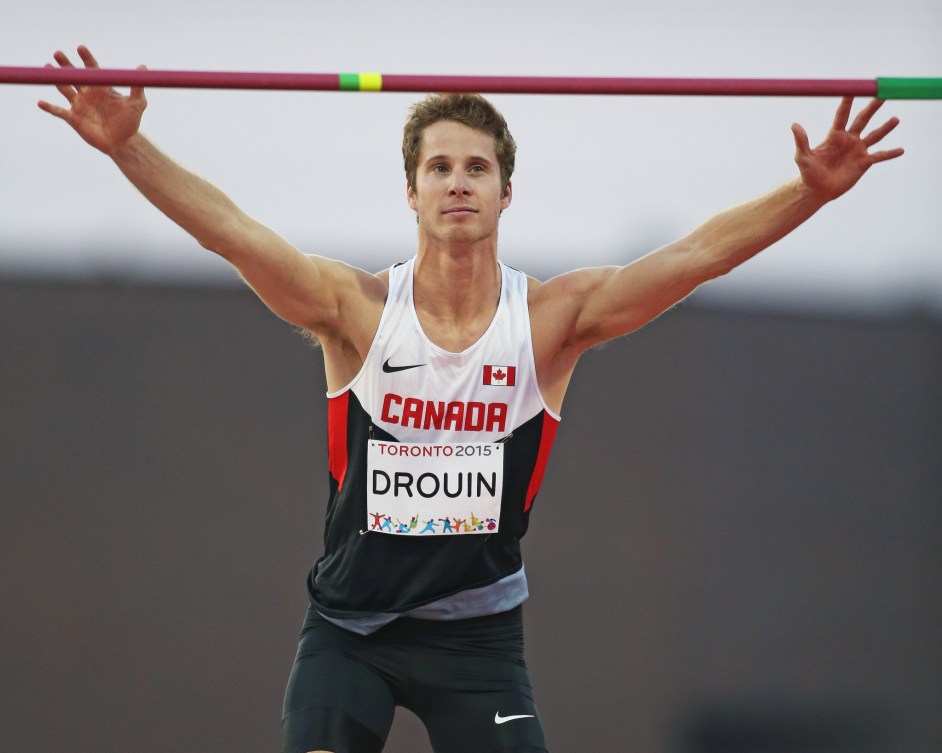Derek Drouin is about to jump.