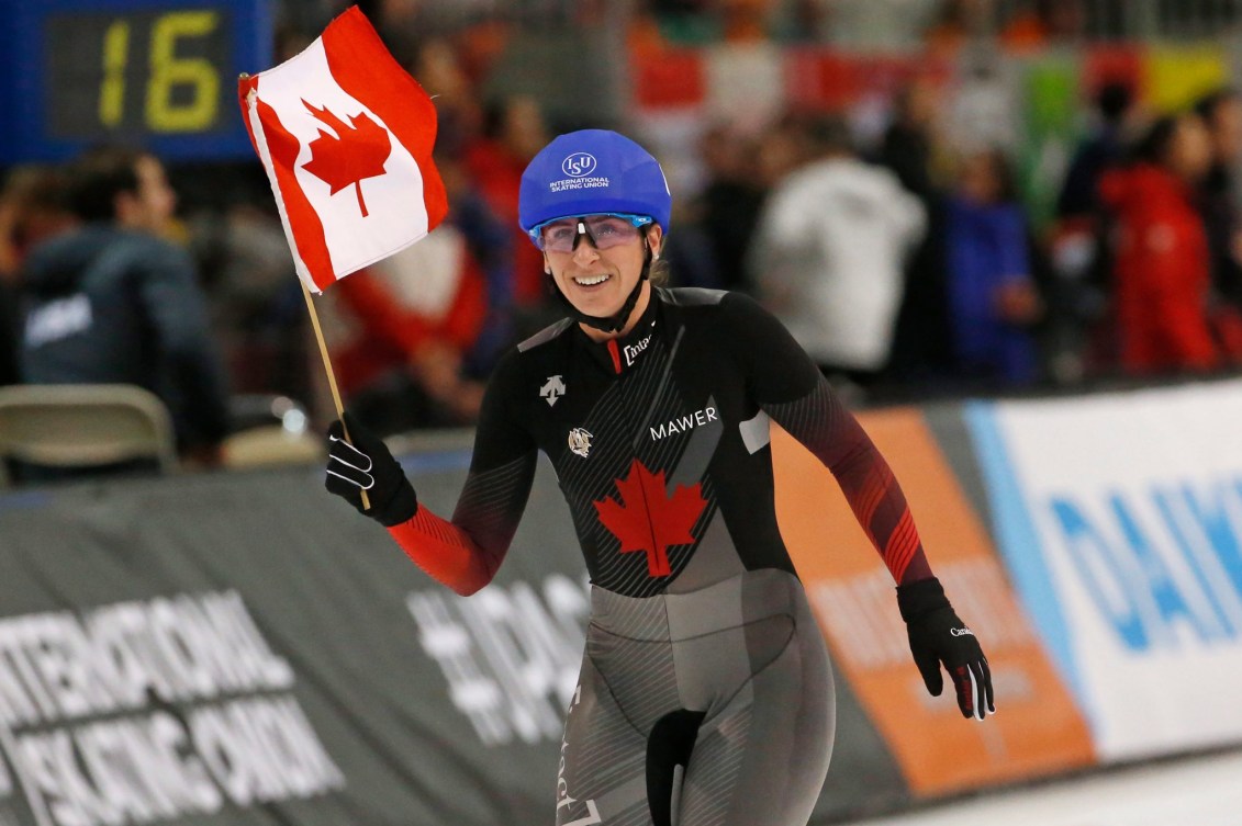 Ivanie Blondin d'Équipe Canada célèbre sa performance aux Championnats du monde de distance simple le dimanche 16 février 2020 à Kearns, Hutah.