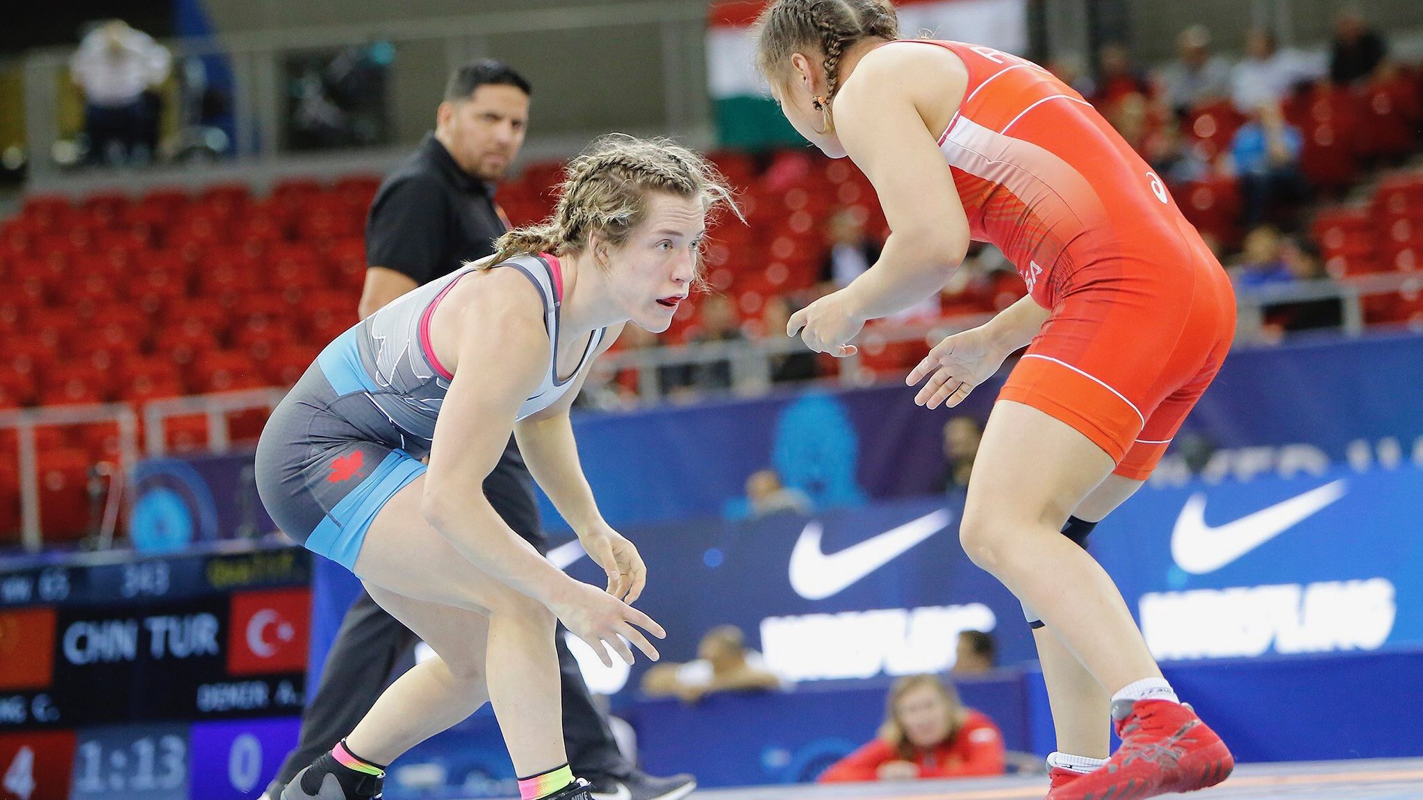 Danielle Lappage en action aux Championnats du monde de lutte 2018.