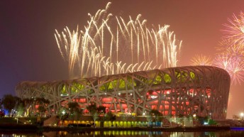 Stade national de Beijing et feux d'artifices