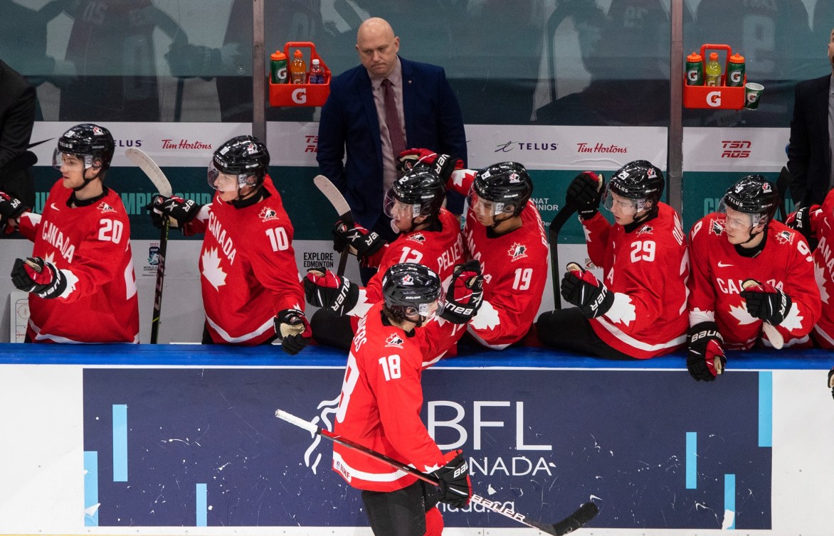 Un joueur de hockey célèbre un but