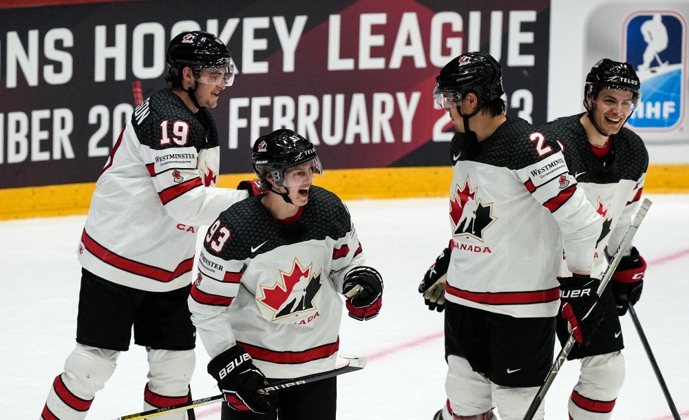Des joueurs de hockey célèbrent un but sur la glace