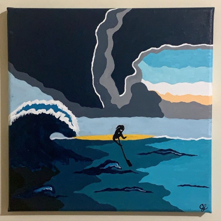 Une oeuvre visuelle avec du bleu, du turquoise et du jaune.