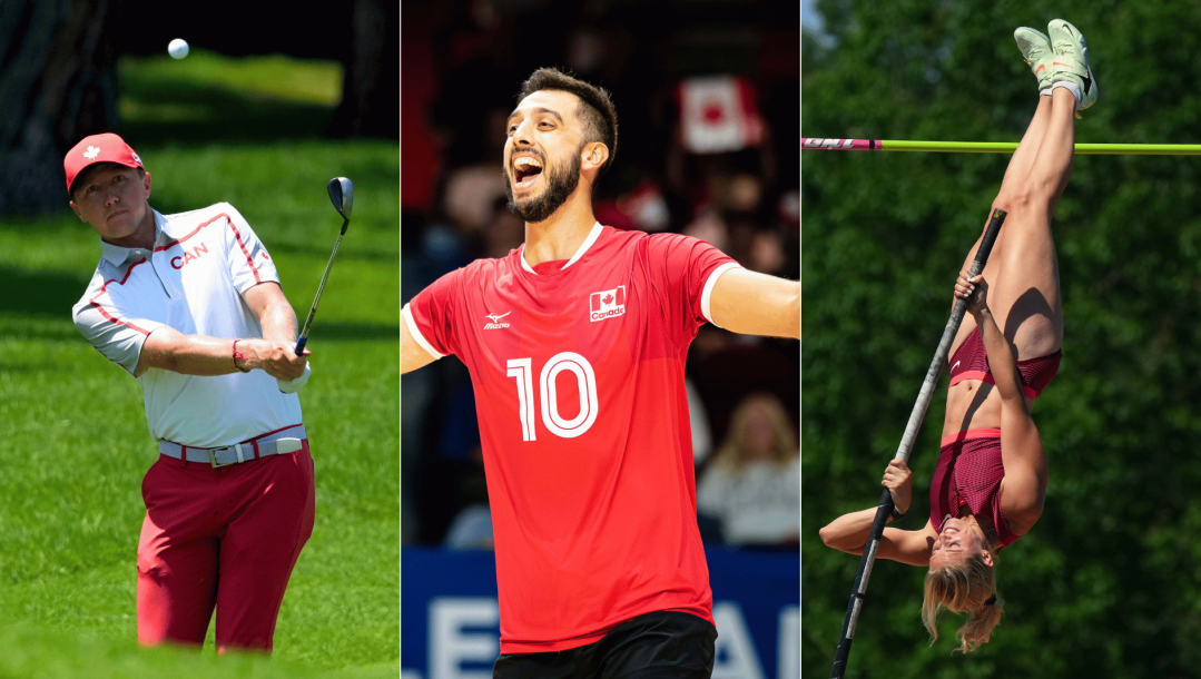 Une photo séparée en trois, avec Mackenzie Hughes en train de s'élancer sur un coup de golf, un joueur de volley-ball canadien célébrant les bras levés et Alysha Newman à l'envers alors qu'elle participe au saut à la perche.