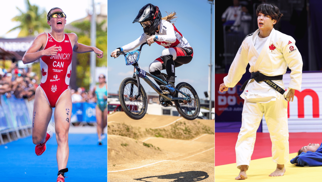 Montage de photos de la triathlète Dominika Jamnicky, de la coureuse de BMX Molly Simpson et de la judoka Christa Deguchi.
