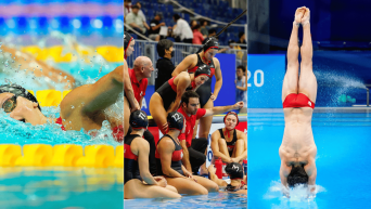 Une image séparée en trois photos, avec une nageuse à gauche, une équipe de natation artistique en discussion au centre et un plongeur qui entre dans l'eau à droite.