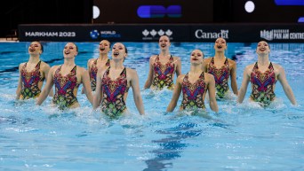 Huit nageuses artistique dans l'eau.