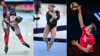 Montage photo de la patineuse de vitesse Ivanie Blondin, de la gymnaste Ellie Black et d'un joueur de volleyball.