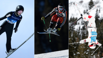 Montage photo de saut à ski, de ski alpin et de ski de bosses.
