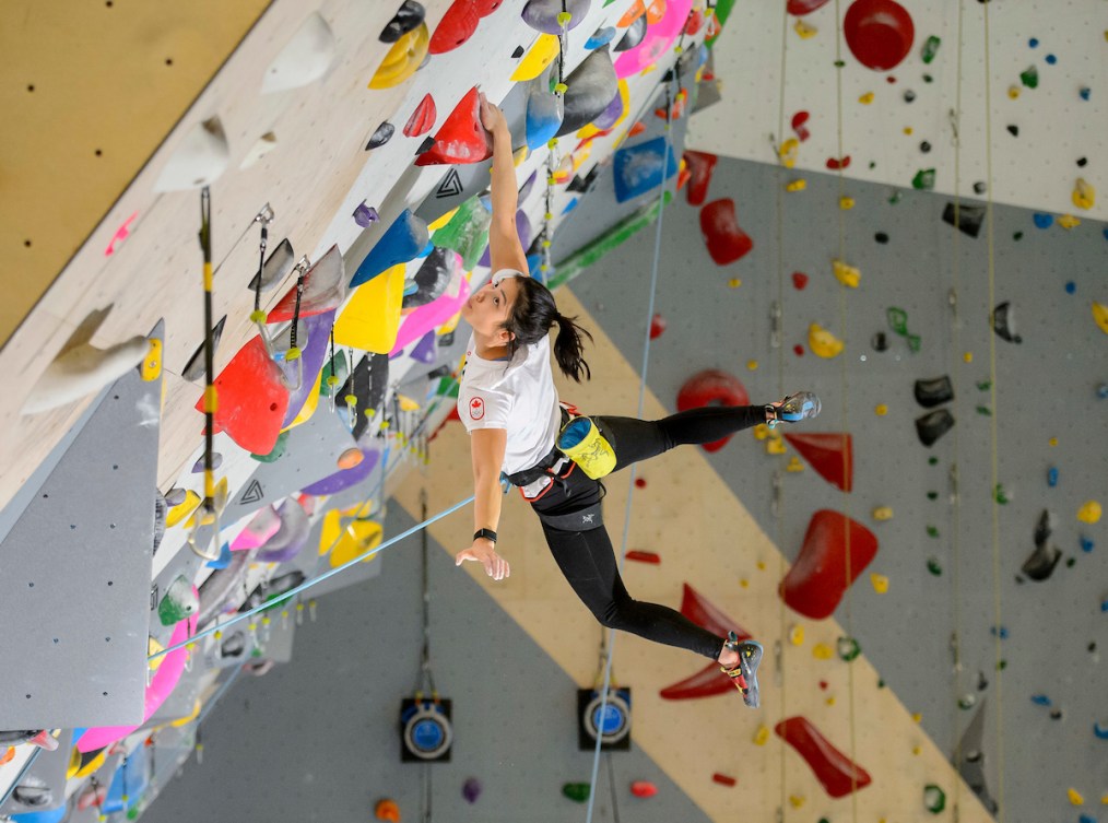 Alannah Yip s'entraîne sur un mur d'escalade. 