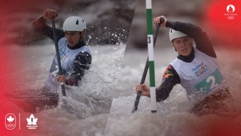 Montage photo de deux pagayeurs en canoë slalom.