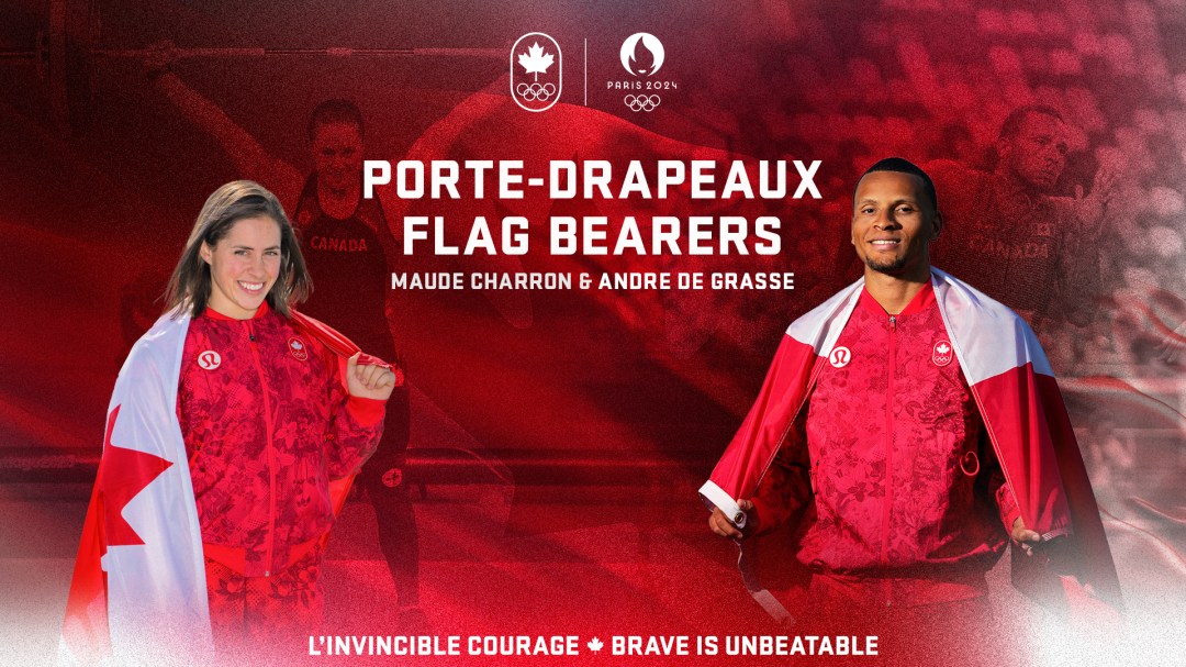 Montage photo de Maude Charron et Andre De Grasse. Mention porte-drapeaux, Équipe Canada, l'invincible courage.