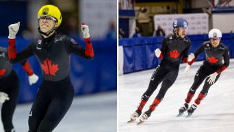 Florence Brunelle à gauche, William Dandjinou à droite, tous les deux célébrant une victoire à une course