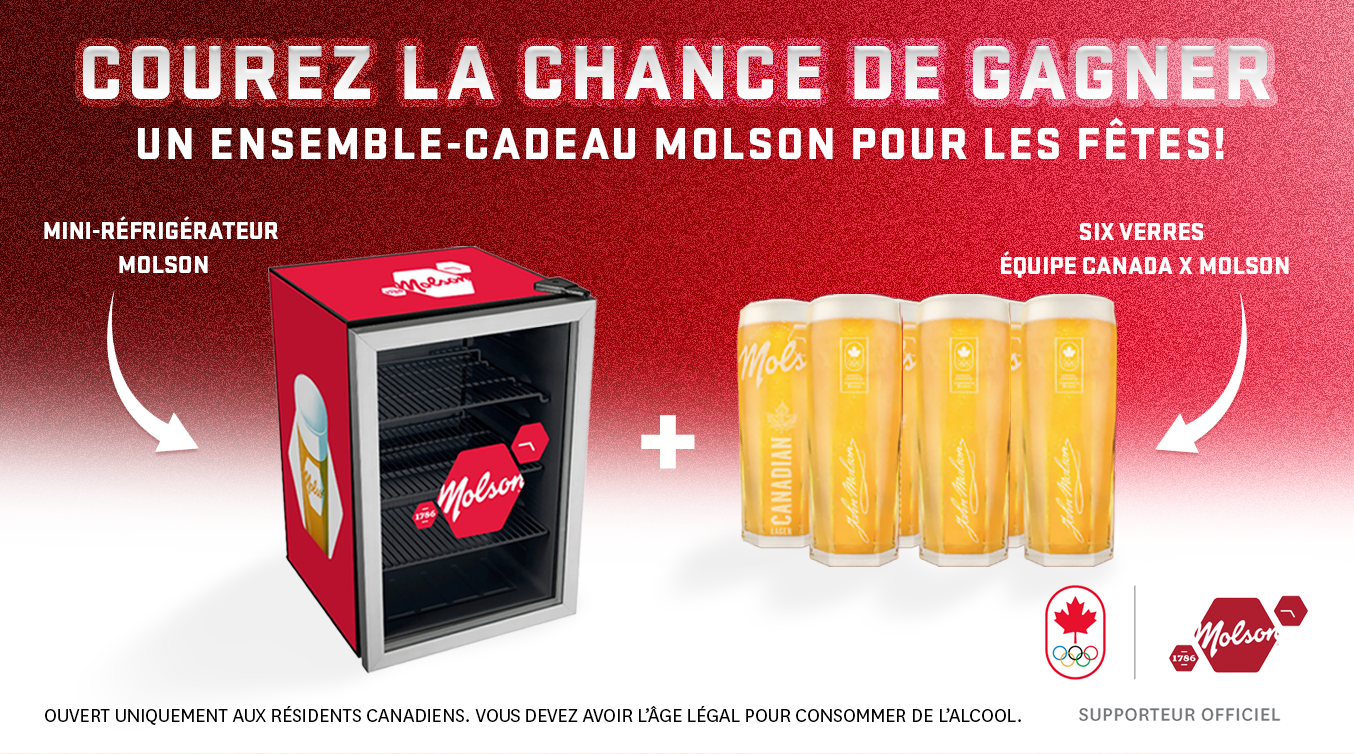 une photo d'un frigo mini de Molson aves 6 verres de bière d'Équipe Canada et Molson